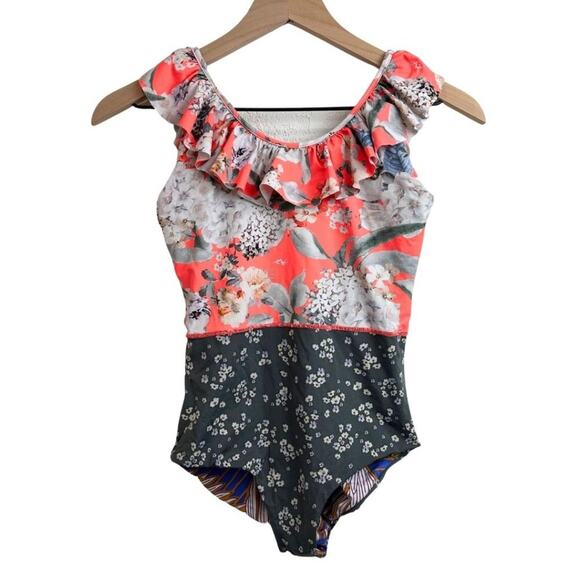 Maaji Reversible One piece Floral Pattern in Gray, Orange, Purple Size 14 - Picture 1 of 7